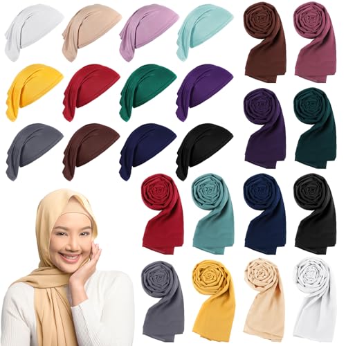 24 Pcs Muslim Hijab Scarves for Women with Under Scarf Cap Chiffon Shawl Islamic Caps with Tie Back Closure