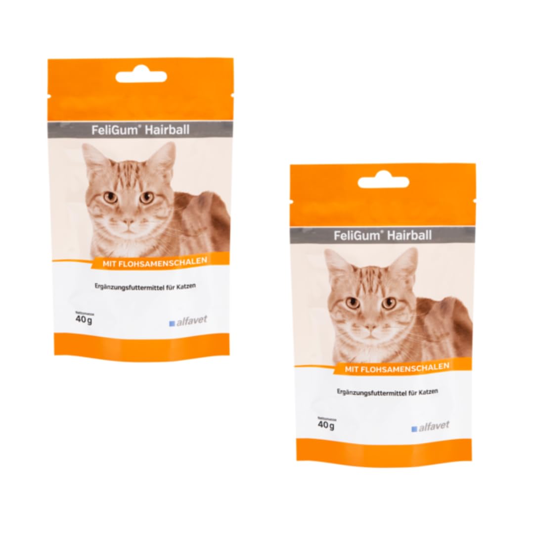 Alfavet FeliGum Hairball | Doppelpack | 2 x 40 g | Ergänzungsfuttermittel für Katzen | Zur Unterstützung gegen Haarballenbildung | Schmackhafte, weiche Kaudrops | Mit Flohsamenschalen