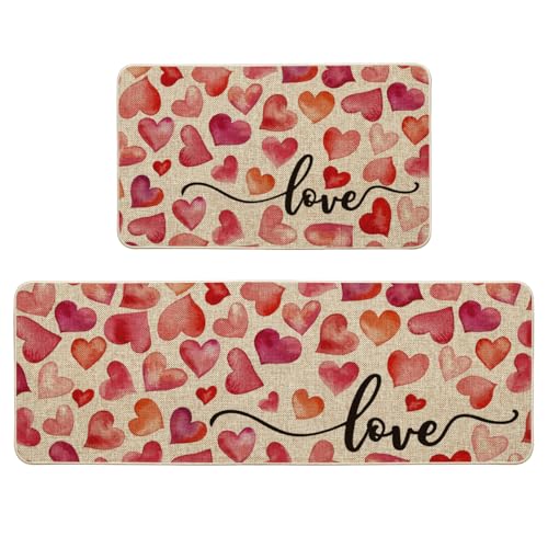 Artoid Mode Love Heart Valentines Kitchen Mats Set of 2, Home Decor Low-Profile Kitchen Rugs for Floor - 17x29 and 17x47 Inch