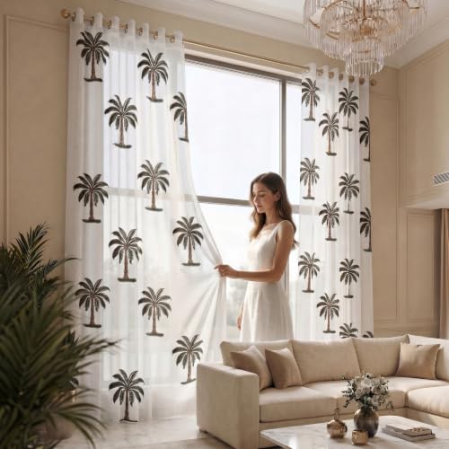 Image of LINENWALAS Cotton Linen Printed Sheer Curtain Set of 2 Panels with Eyelet Hanging, Palm Tree Printed Window Curtains Non Blackout Light Filtering Curtains (5 Feet, White Palm Tree)