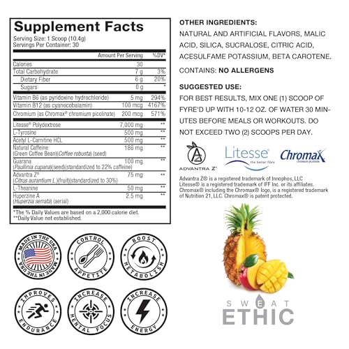 Image of Sweat Ethic FYRE'D UP Energizing Appetite Suppressant, 200MG Natural Caffeine, Supports Active Lifestyle & Craving Control, Easy-Mix Powder for Pre Workout Energy, Mango Pineapple Flavor, 30 Servings