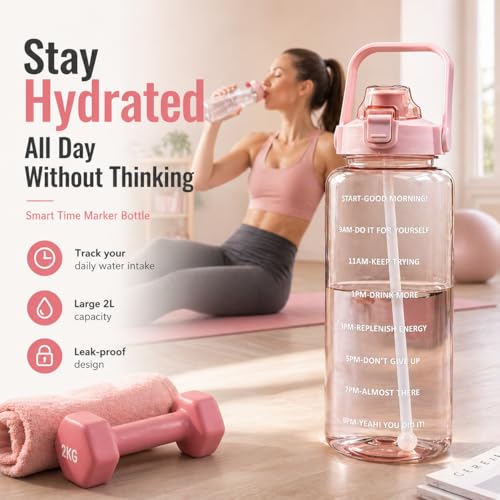 Image of DFIT 2L Transparent Motivational Water Bottle with Motivational Quotes, Time Marker, cute stickers, sippers, Leakproof Durable BPA Free Non-Toxic Plastic Bottle for Fitness, Gym (Pink)