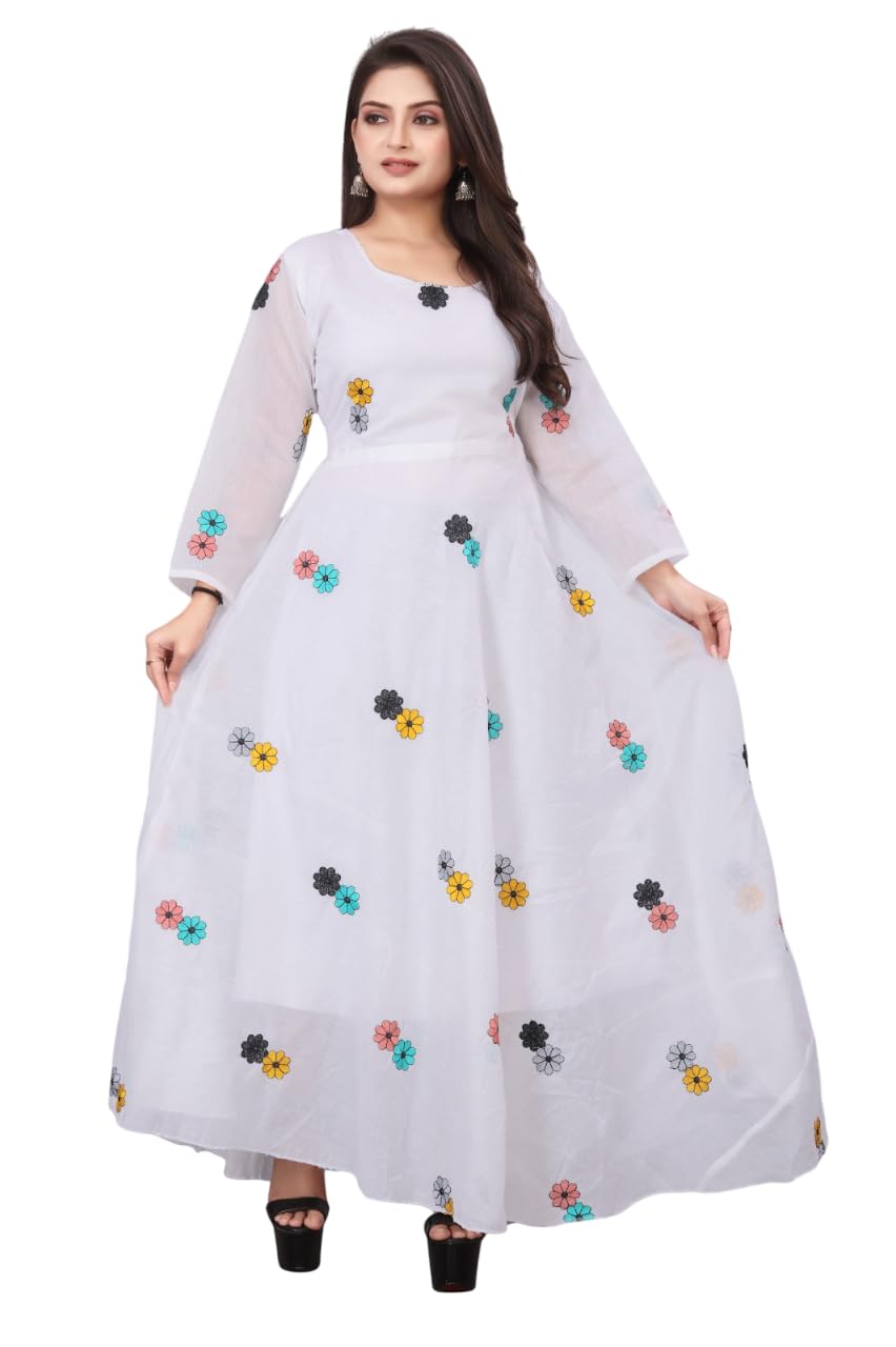 kanjari Women's Chanderi Cotton Regular Fit Full Length Flower Printed Beautiful Gown Dress with Elegant Design for Wedding, Parties, Traditional, Festivals, Family Functions (White)-picture-39