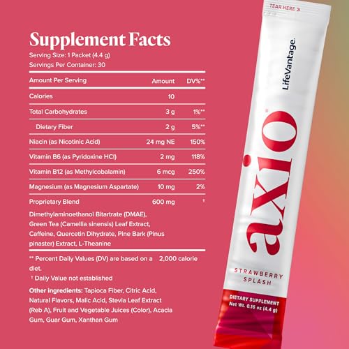 Image of LifeVantage AXIO Regular Energy Drink Powder, Nootropic Supplement, Focus & Mood Support, with L-theanine, Green Tea, B Vitamins, DMAE, Quercetin & Pine Bark, Strawberry Splash, 30 Packets