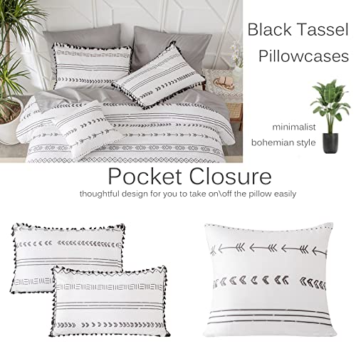 Boho Stripes Bedding Comforter Set Black And White Bed In A Bag 8 Pieces Bohemian Aztec Stripes Pattern Farmhouse Tassel Macrame Fringed Queen Comforter Set With Sheets #TOP3
