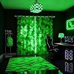 feelingyou Green Pixelated Miners Gamer Curtains,Video Games Blackout Curtains,Kids Boys Girls Teens Room Decor,Cartoon Gamepad Treatment Modern Geometric Check Window Drapes,2 Panels,46Wx54L