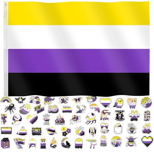 Bandera de orgullo no binaria de 3 x 5 pies, accesorios del mes del orgullo LGBTQIA bandera no binaria NB Género arco iris no binario Decoración para desfiles, festivales fiestas con 60 Stikers