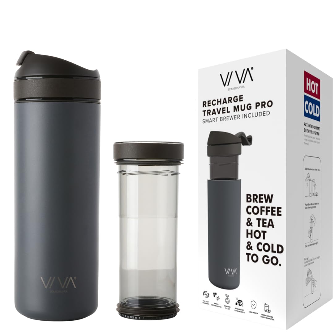 VIVA Recharge Grey Insulated Tea & Coffee Mug & Travel French Press Coffee Maker, 16 oz, Brew & Drink From the Same Coffee Mug On the Go or Camping