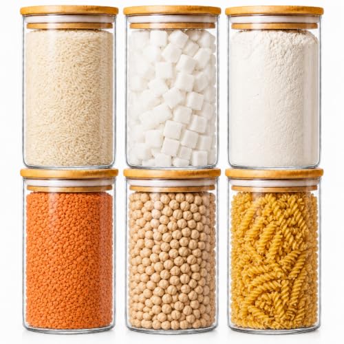 Image of Home Puff Glass Canisters for Grocery, 750ml Borosilicate Glass Jars with Airtight Bamboo Lids, Leak-Proof Kitchen Storage Containers for Rice, Sugar, Flour, Pasta & Pulses - Pack of 6