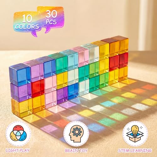 Image of Meooeck 30 Pcs Colored Cube Gem Blocks with Wooden Storage Box, Translucent Rainbow Acrylic Building Stacking Sensory Train Prism Toys for Toddler Kids Montessori School Classroom Supplies