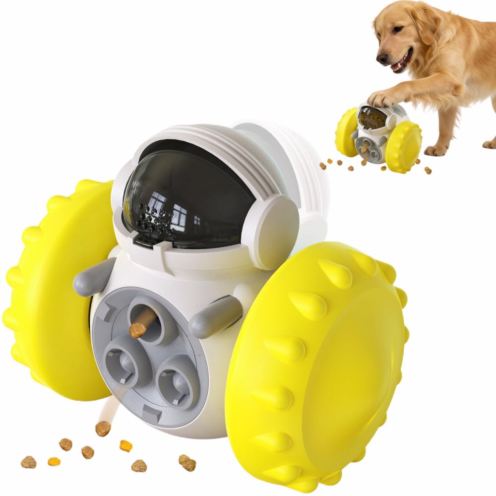 FARDEER Wobble Interactive Dog Toy，Non-Electric Robot Dog Toy，Slow Feeder Function，Tumbler Wobble Dog Toy for Boredom Relief，Battery-Free Safe Chew Toy for Small/Medium Dogs-Yellow