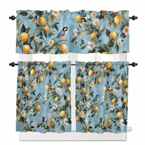 Lemon Flowers Kitchen Curtains 36 Inch Length,3 Piece Rod Pocket Small Half Tiers and Valance Set,Country Bird Plant Watercolor Blue Summer Small Large Window Treatment Decor for Bedroom/Bathroom