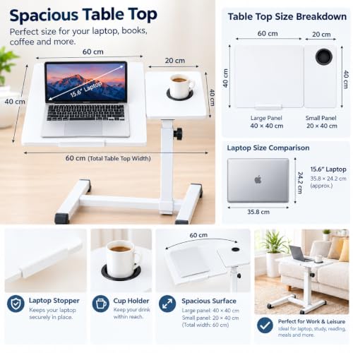 Image of GI Adjustable Laptop Table with 360 Concealed Wheels for Sofa & Bed with Cup Holder, Portable Table for Home, Ergonomic Height Adjustable Study Desk, Tilting Laptop Stand for Reading, Dining (White)