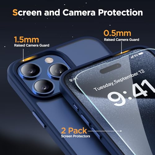 Image of Miracase Magnetic for iPhone 13 Pro Max Case 6.7 inch (Compatible with MagSafe)(with 2X Screen Protectors) Military-Grade Protection, Anti-Fingerprint Translucent Matte Phone Case Cover, Dark Blue