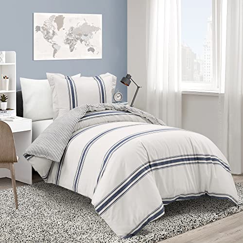 Lush Decor Farmhouse Stripe Reversible Cotton Duvet Cover Set, 2 Piece Set, Twin XL, Navy - Twin Bedding Set - Dorm Decor - Striped Duvet Cover For Kids Or Teens - Farmhouse Bedroom Decor