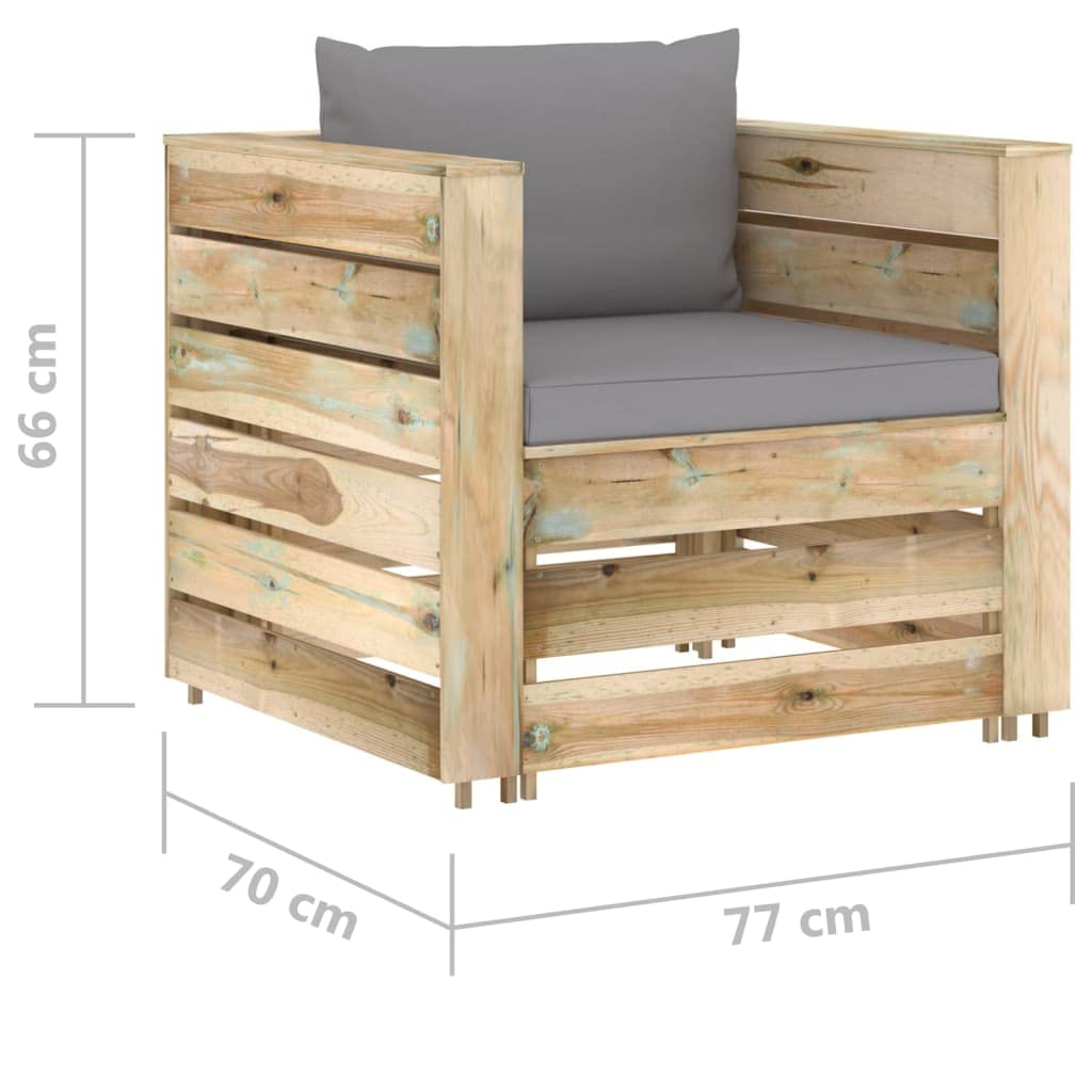 Juego de 2 muebles de jardín de madera de pino impregnada verde con cojín, incluye mesa y sofá, resistente a la intemperie, juego de muebles de jardín para terraza, balcón y salón