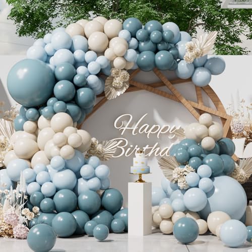 SUWEN Dusty Blue Balloons Arch Kit Garland 153Pcs Different Sizes of 18 10 5 Inch Light Blue and Sand White Balloons for Birthday Decoration Baby Shower Gender Reveal Party