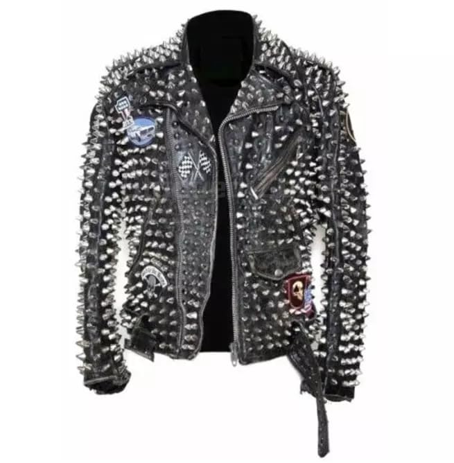 Men's Brando Punk Full Silver Studded Gothic Leather Jacket - Punk Rockstar Embroidery Pateches Motor Bike Cow Leather acket