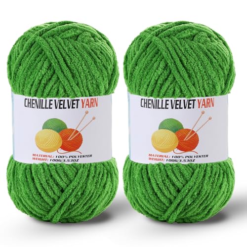 Image of 2 * 100g /3.5oz Fluffy Chenille Yarn for Crocheting, Chunky Velvet Yarn for Crochet Amigurumi, Used for Making Baby Yarns Blanket, Clothes, Pattern Knitting Creations (Green)