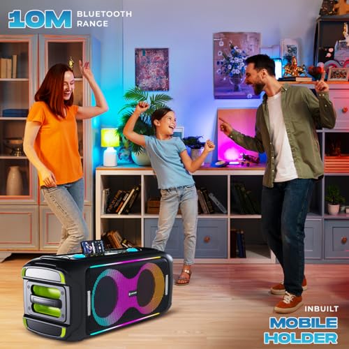 Image of LAPCARE Bloom Wireless Bluetooth Party Speaker, 100W Immersive Pro Sound, Dynamic RGB Light Show, Bass and Treble Control, Type C, Built-in Rechargeable Battery, Splashproof with Wireless Mic (Black)