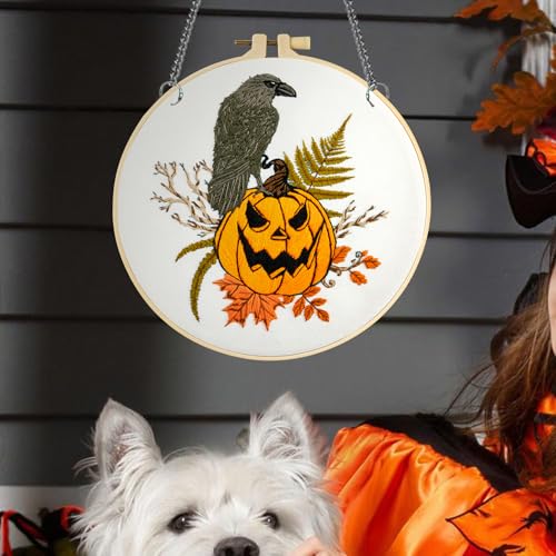Image of Crafmanoe Halloween Embroidery Starter Kits for Beginners Adults, Fall Pumpkin Stamped Cross Stitch Kits for Beginners Adults, Crow Gothic Embroidery Needlepoint Kits, Hoops, Fabric and Video Tutorial