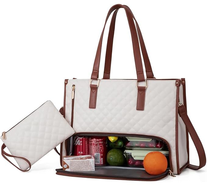 Image of Lunch Tote Bag for Women,15.6 Inch Laptop Bag with Insulated Lunch Compartment, Quilted Large Capacity Computer Handbag with Purse for Business, Work, Nurse,Collage,Office