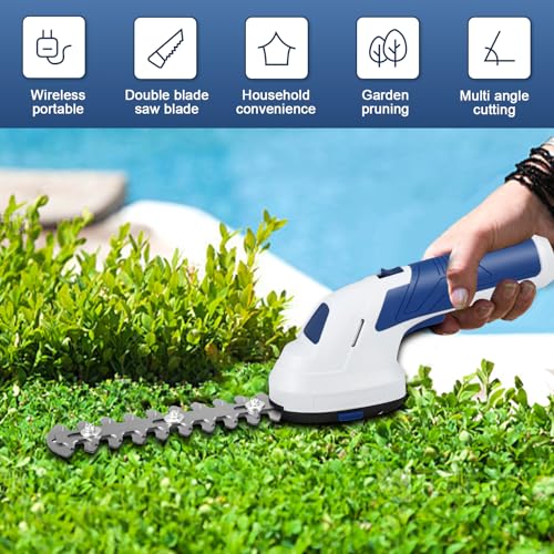 Tijeras Cortacésped y Arreglasetos 2 en 1, 7.2V Cortasetos Eléctricas con 2 Cuchillas, Ancho/Longitud de 10 cm/18 cm,Tijeras Cortacésped Inalámbricas para Arbustos, Césped, Herramienta para Jardín - imagen 2