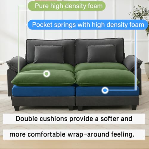 Image of Oprisen 86 inch Modular Sectional Sofa, Comfy Cloud Couch Sectional Sofa with Ottoman, Velvet Sofa Sleeper Deep Seat Sofa with Throw Pillows for Living Room (Blue Grey)