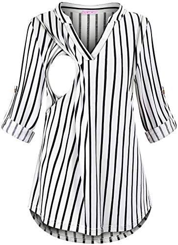 Joymom Pregnancy Shirts,Maternity Nursing Knits Blouse for Breastfeeding Moms Cuffed Sleeve Baggy Flattering Striped Tops Fall Clothing Great with Postpartum Leggings L