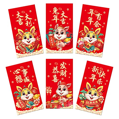 Lot de 6 enveloppes rouges chinoises Hongbao 2023 année de l'année du lapin paquet rouge Fête du printemps argent porte-bonheur paquet mignon pour mariage Nouvel An (16,5 x 9 cm) (B) Cover