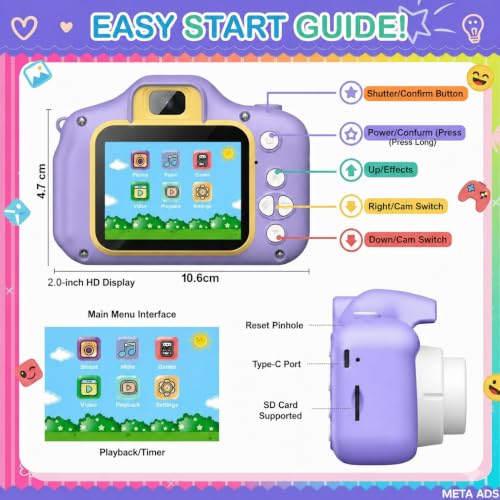 Image of MAVOKIS Kids Digital Camera for Girls & Boys 3-9 Years,Unicorn Silicone Cover,1080P HD Video Camcorder, Selfie,Games,Photo Frames,2.0 Inch Screen,Rechargeable Battery,SD Card(Not Included),Purple