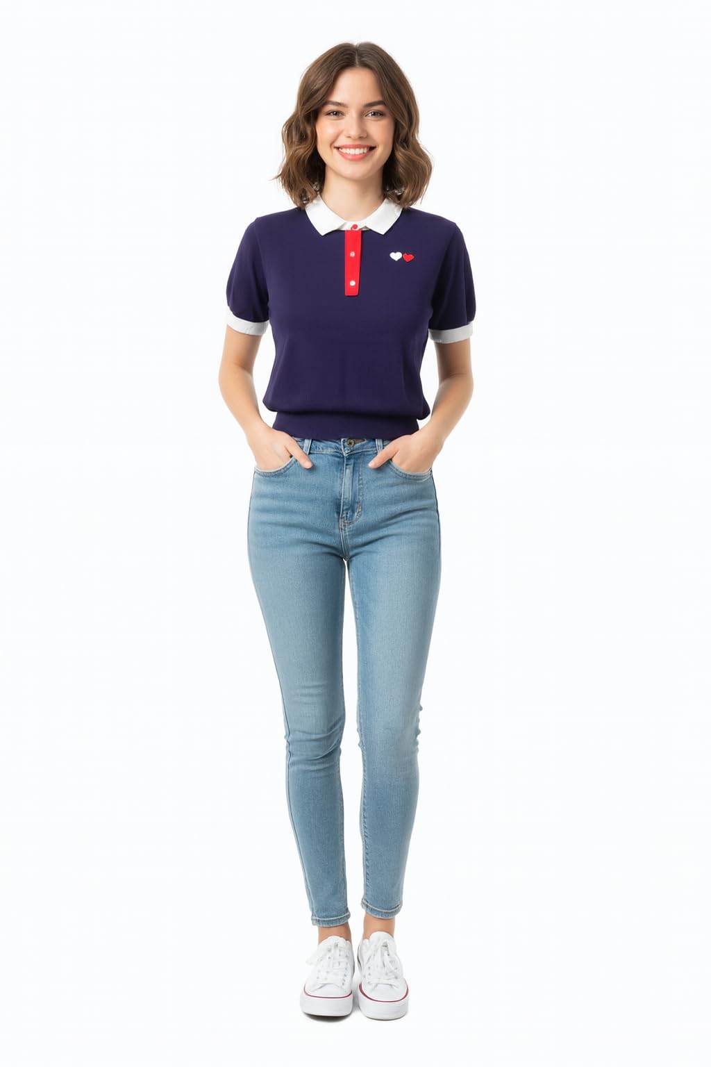 Women's Navy Blue Polo Shirt with White Collar, Short Sleeves, Heart Embroidery Detail, Casual Preppy Style-image-3