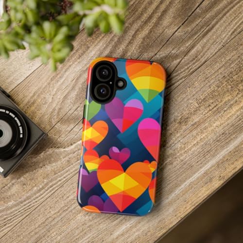 Coque rigide brillante iPhone 16 motif cœurs géométriques colorés antichoc