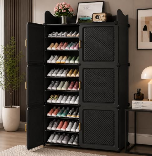 Image of Plastic Shoe Rack for Home with Door | 18-Shelf DIY Shoe Cabinet Organiser | Stores 54 Pairs | Foldable & Waterproof Shoe Stand for Entryway, Bedroom (Grey-HT, 18-Layer)