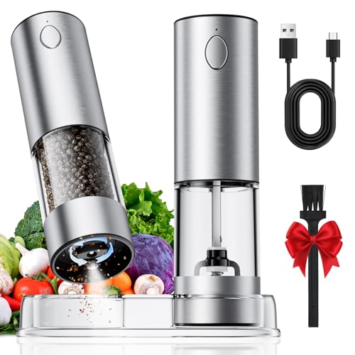 Larger Electric Salt and Pepper Grinder Set Rechargeable 3.2Oz Automatic Salt and Pepper Mill Grinder with Base Electric Salt and Pepper Shakers with Adjustable Coarseness, LED, Stainless Steel Silver