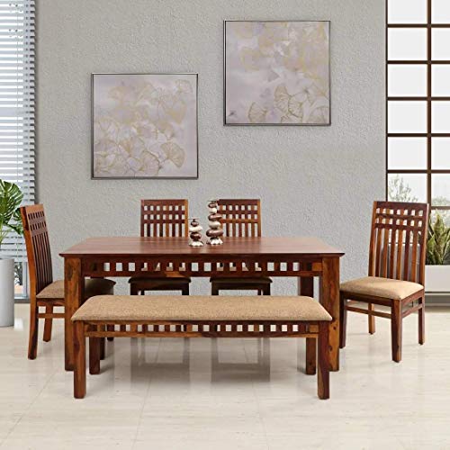 Image of Sheesham Wood Rectangle Dining Table with 4 Cushion Chairs and 1 Bench | Wooden Multipurpose 6 Seater Dining Table Set Furniture for Living Room, Home, Restaurant and Hotel (Natural Finish)