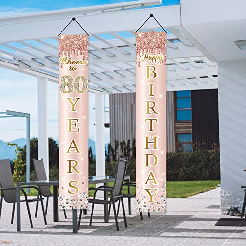 Image of 80th Birthday Decorations Door Banner for Women, Pink Rose Gold Cheers to 80 Years Birthday Backdrop Sign Party Supplies, Happy Eighty Birthday Porch Decor for Outdoor Indoor