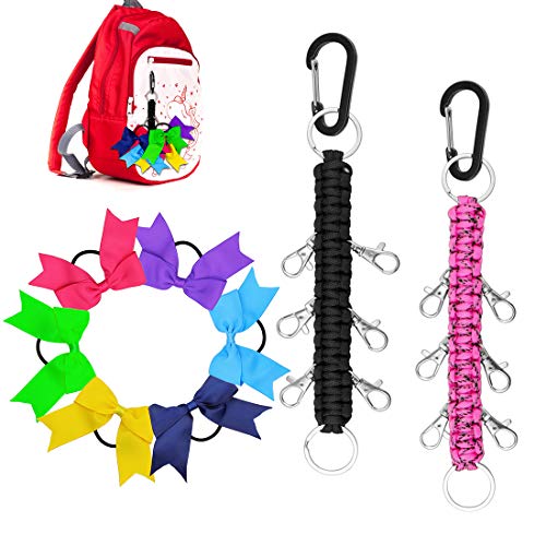 Yotako Paracord Cheer Bows Holder, 2 Pack Handmade Keychain Bow Organizer with 6 Pcs Cheer Bows Hanger for School Supplies Cheerleading Girls Cheer Bow Storage Black Pink
