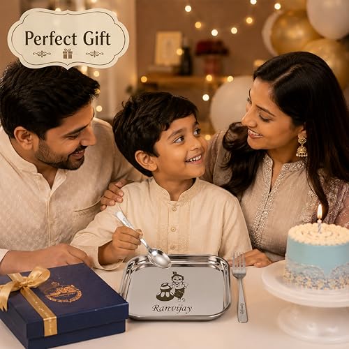 Image of SAVRI Personalized Stainless Steel Square Lunch & Dinner Plate with Spoon & Fork Name & Favourite Character Engraved. Kids, Birthday Party, Return Gift Snacks. Size - 7 * 7 Inches.