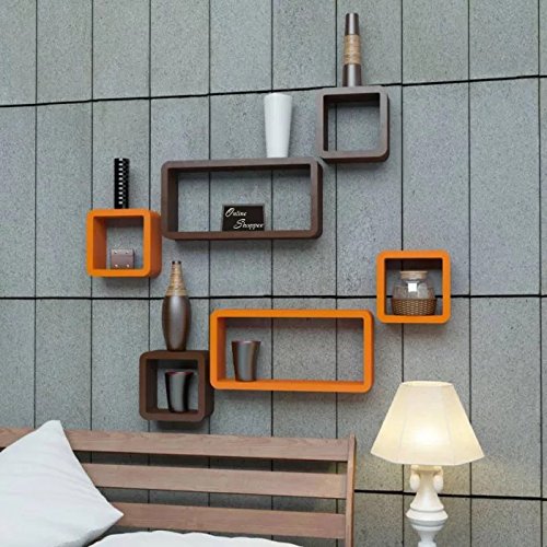 Image of Onlineshoppee Engineered Wood Cube Floating Wall Shelf (Orange) - Set of 6