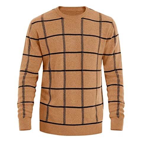 Bnokifin Men's Pullover Knitted Crew Neck Jumper Soft Feel Check Sweater Camel L Cover