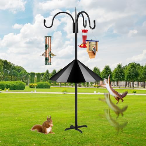 FEED GARDEN 92' Squirrel-Proof Bird Feeder Pole - Heavy-Duty Shepherd's Hook with 3 Hooks, 5-Prong Base & 19' Baffle for Outdoor Feeders & Plants