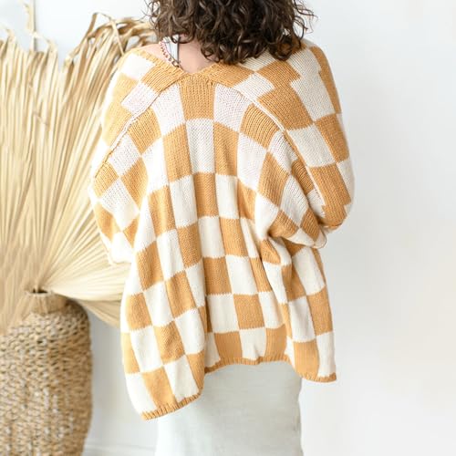 Image of Womens Checkered Cardigan Sweater Loose Long Sleeve Open Front Sweater Knit Coat Casual Oversized Plaid Cardigan Tops