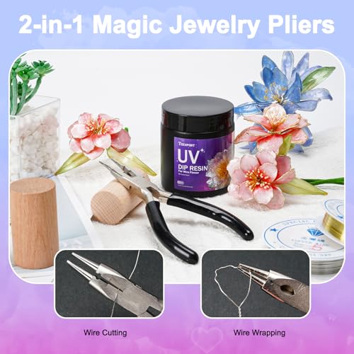 teexpert uv dip resin for wire flowers kit 100g crystal clear uv resin starter kit with 6 winding rods pliers 2pcs 31ft wires for jewelry making fast cure thick glue for diy flower decoration