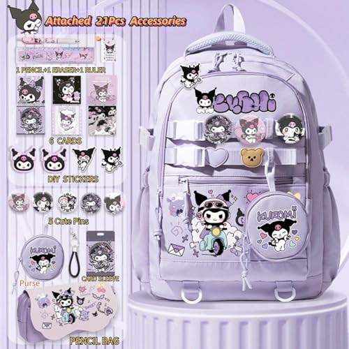 Kawaii Backpack with 21Pcs Accessories Anime Cartoon Anti-Theft Travel Aesthetic New Semester Gifts Bag with Cute Pins2