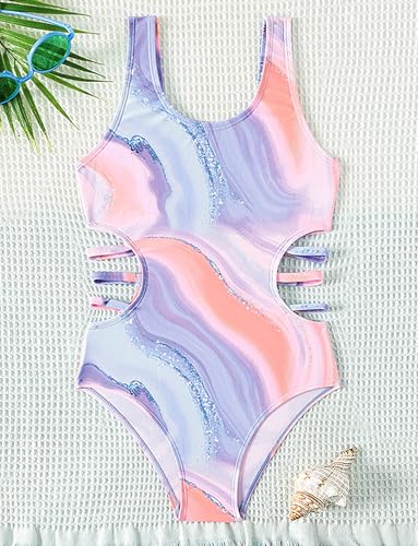 Image of SEAUR Girls' One-Piece Swimwear Cute Tie Dye Side Cutout Swimsuit Summer Quick Dry Beach Hawaiian Bathing Suits