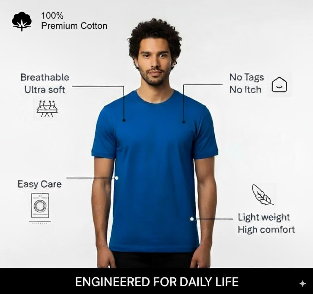 Men's 100% Cotton Crew Neck T-Shirt Classic Fit Plain Breathable & Soft Short Sleeve Tee | Pack of 1 - Image 4