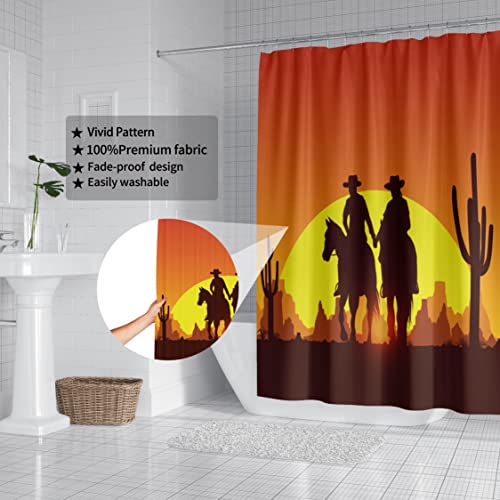 Western Cowboy Shower Curtain, Sunset Shower Curtain, Rustic Shower Curtain For Bathroom Silhouette Of Cowboy Couple Riding Horses At Sunset, Waterproof Fabric With 12Pcs Hooks, 72" W X 72" L #TOP7