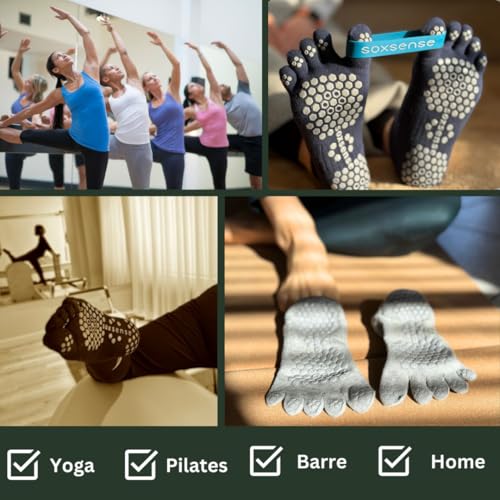 Image of Soxsense Pilates Grip Toe Socks for Women & Men, Cushioned Low-Cut Five Finger Socks Non Slip for Yoga, Barre, Gym