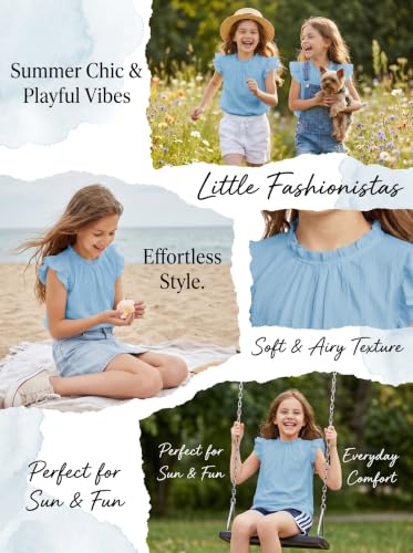 Image of Arshiner Girls Ruffle Short Sleeve Shirts Cute Summer Frill Neck Pleated Textured Blouse Tops